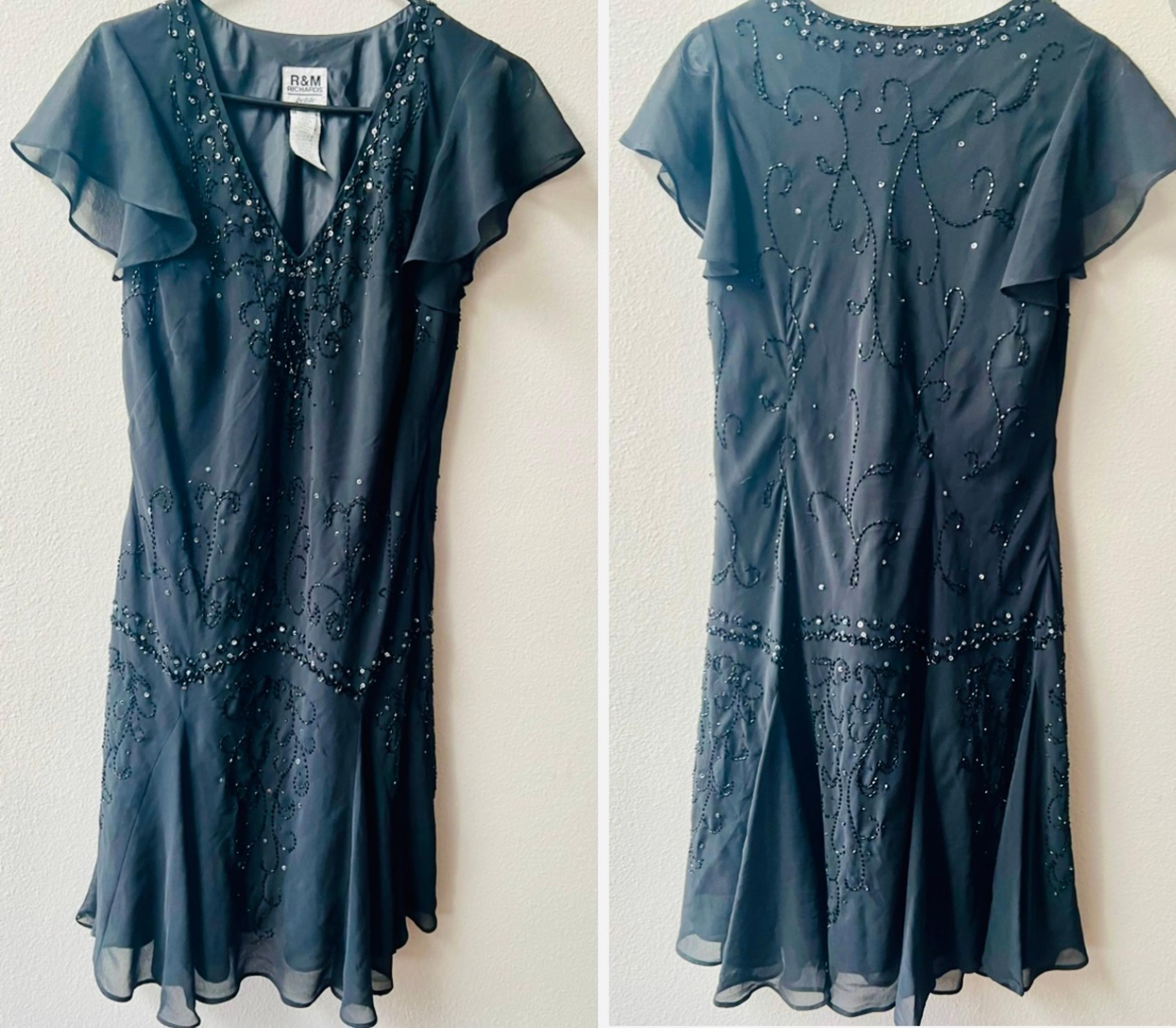 R&M RICHARDS PETITES  V-NECK FLOWY SHORT SLEEVE BEADED KNEE LENGTH WOMENS 14P