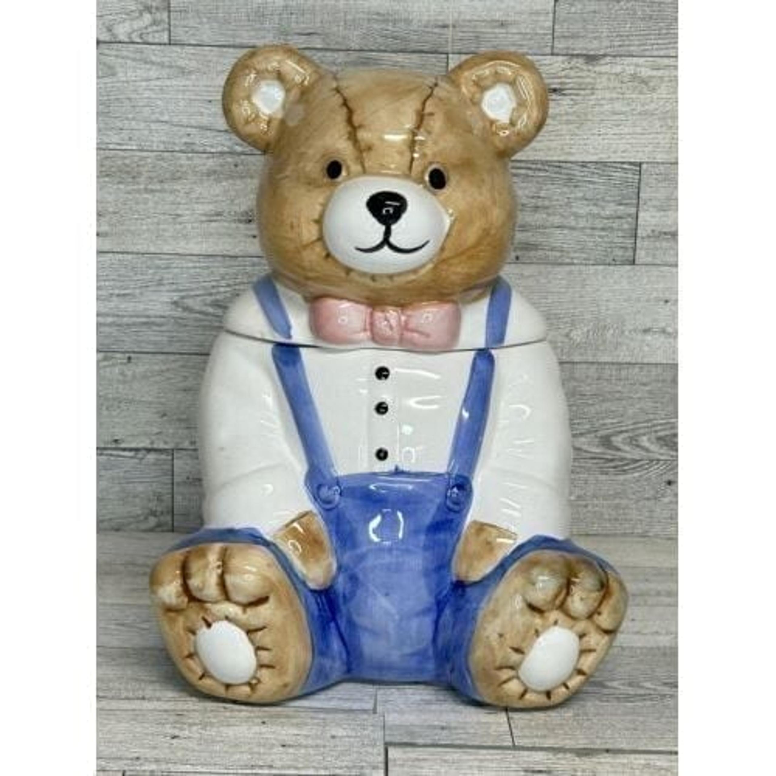 Vintage Teddy Bear Cookie Jar Blue & White Ceramic Snack Jar