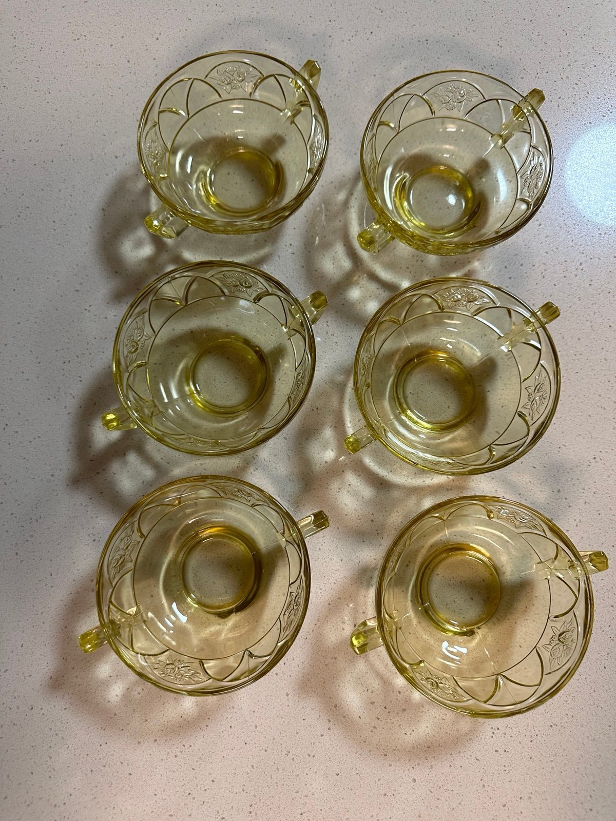 FEDERAL DEPRESSION AMBER ROSEMARY DUTCH ROSE 6 HANDLED SOUP BOWLS
