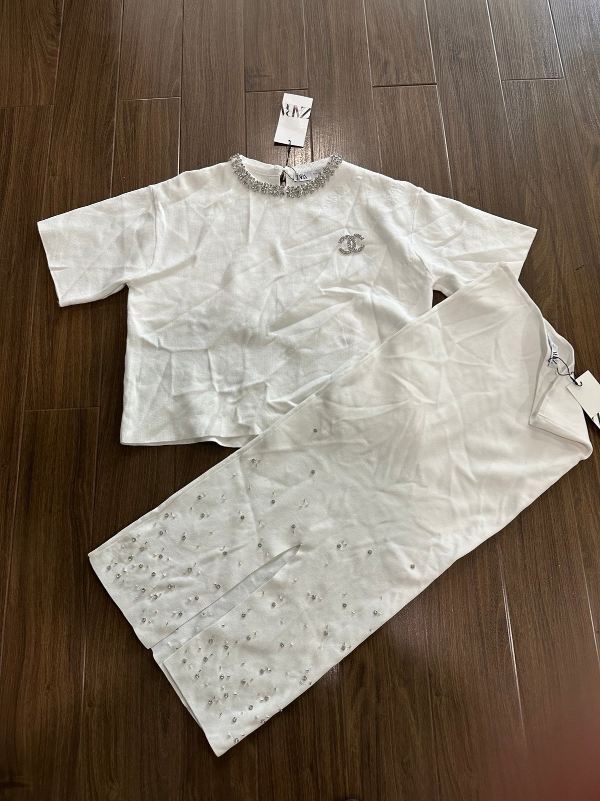 Zara white knitted bling skirt set