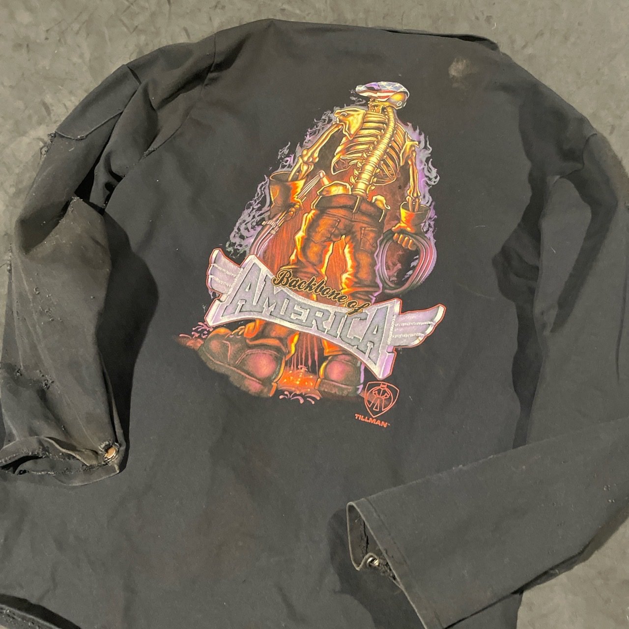 Mens vintage late 80s/90s graphic print welders jacket (L 28’ W 23’)