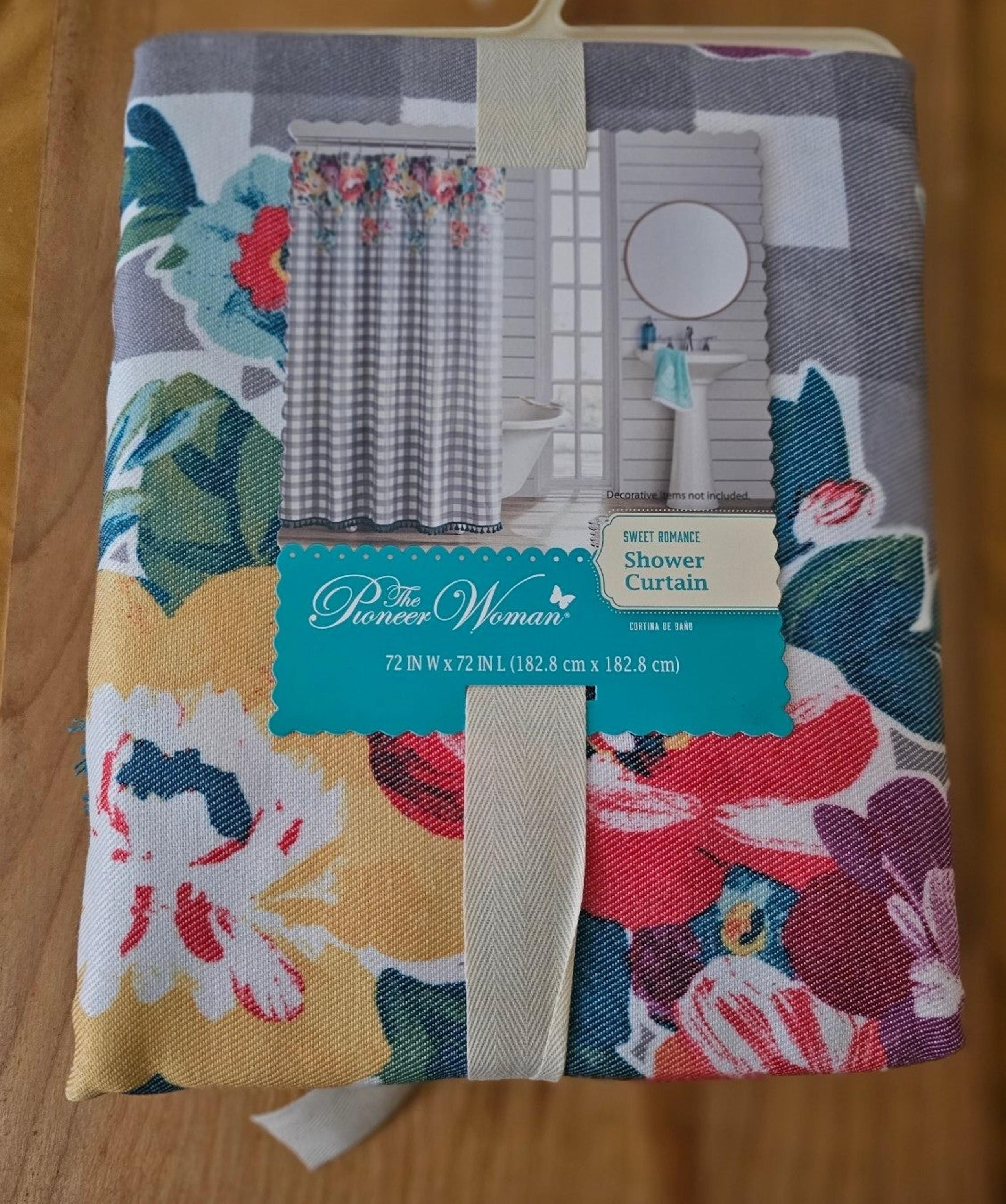The Pioneer Woman Gray Check Fabric Shower Curtain with Floral Accent