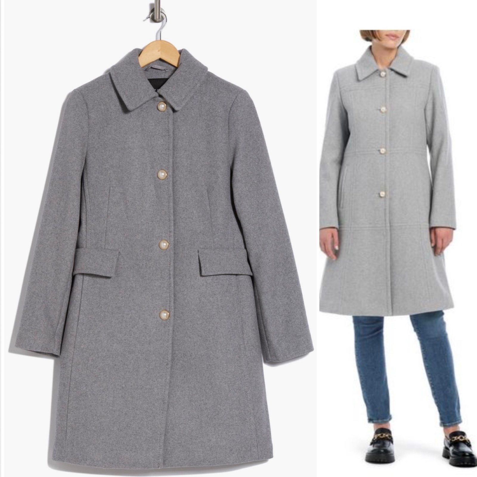 Kate Spade Heather Gray Pearl button Faux Wool Coat