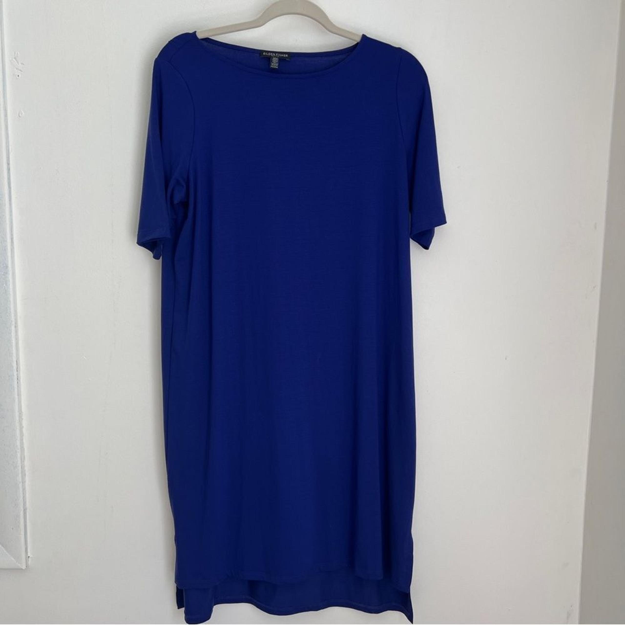 Eileen Fisher short sleeve Tencel dress, M petite. Made in US. Royal blue.