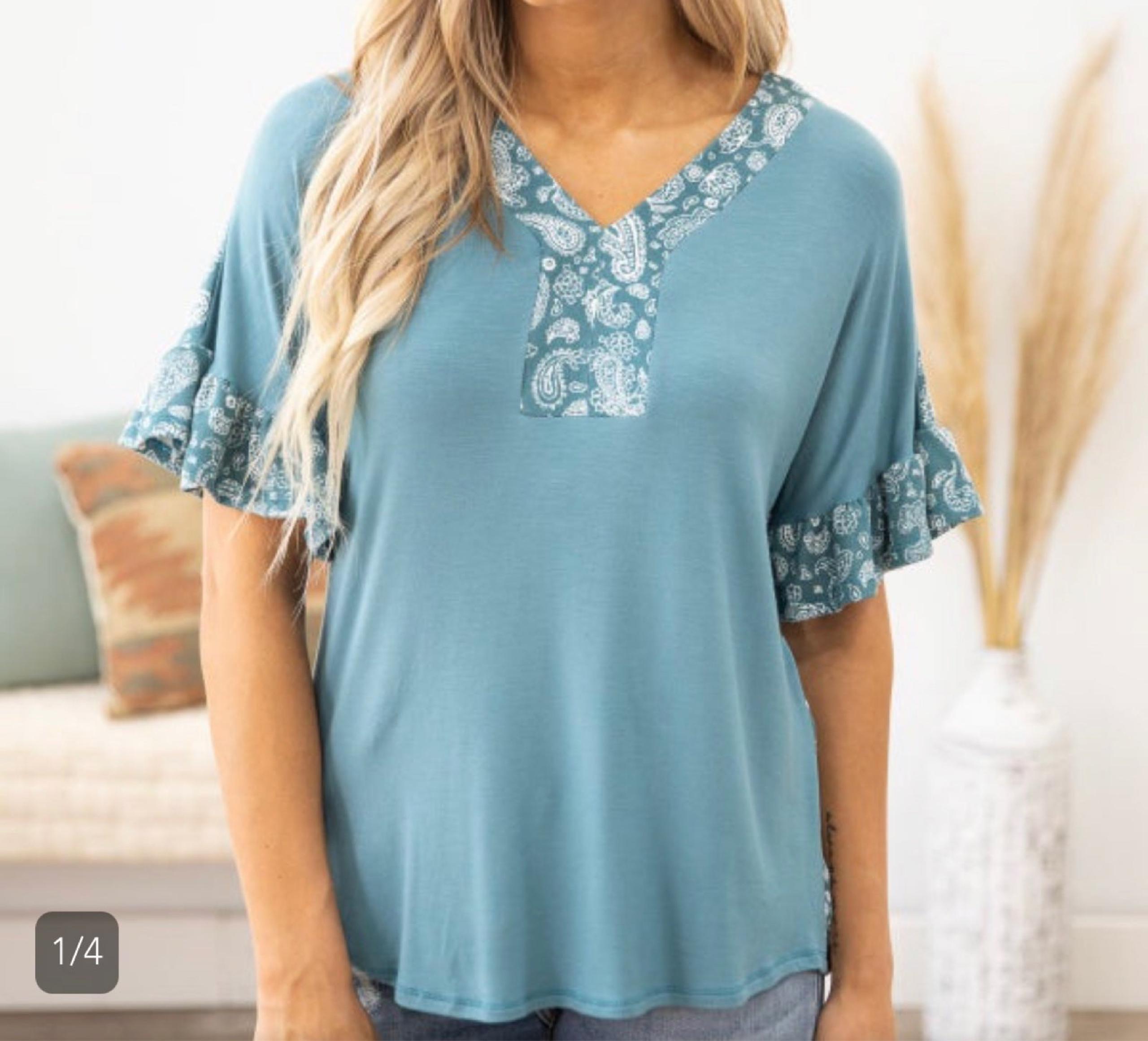 Teal Short Sleeve Paisley Print Top