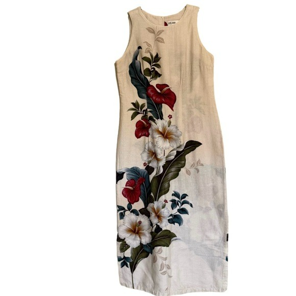Iolani Hawaii Size M Cream Floral Hibiscus Maxi Dress Cotton Side Slits