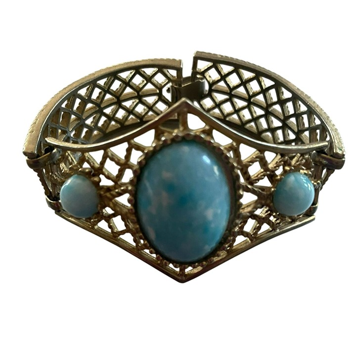 Unique Vintage Gold-Tone Filigree Cuff Bracelet With Turquoise Blue Cabochon Sto
