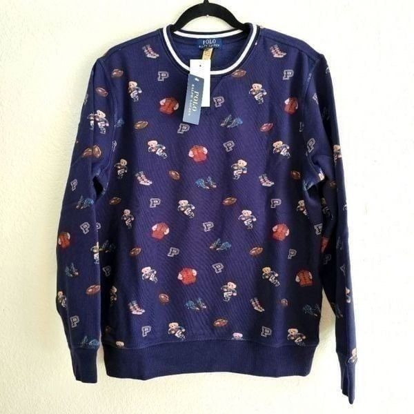Polo Ralph Lauren Bear Sweatshirt Girls Large L Navy Blue Multi Logo AOP Cotton