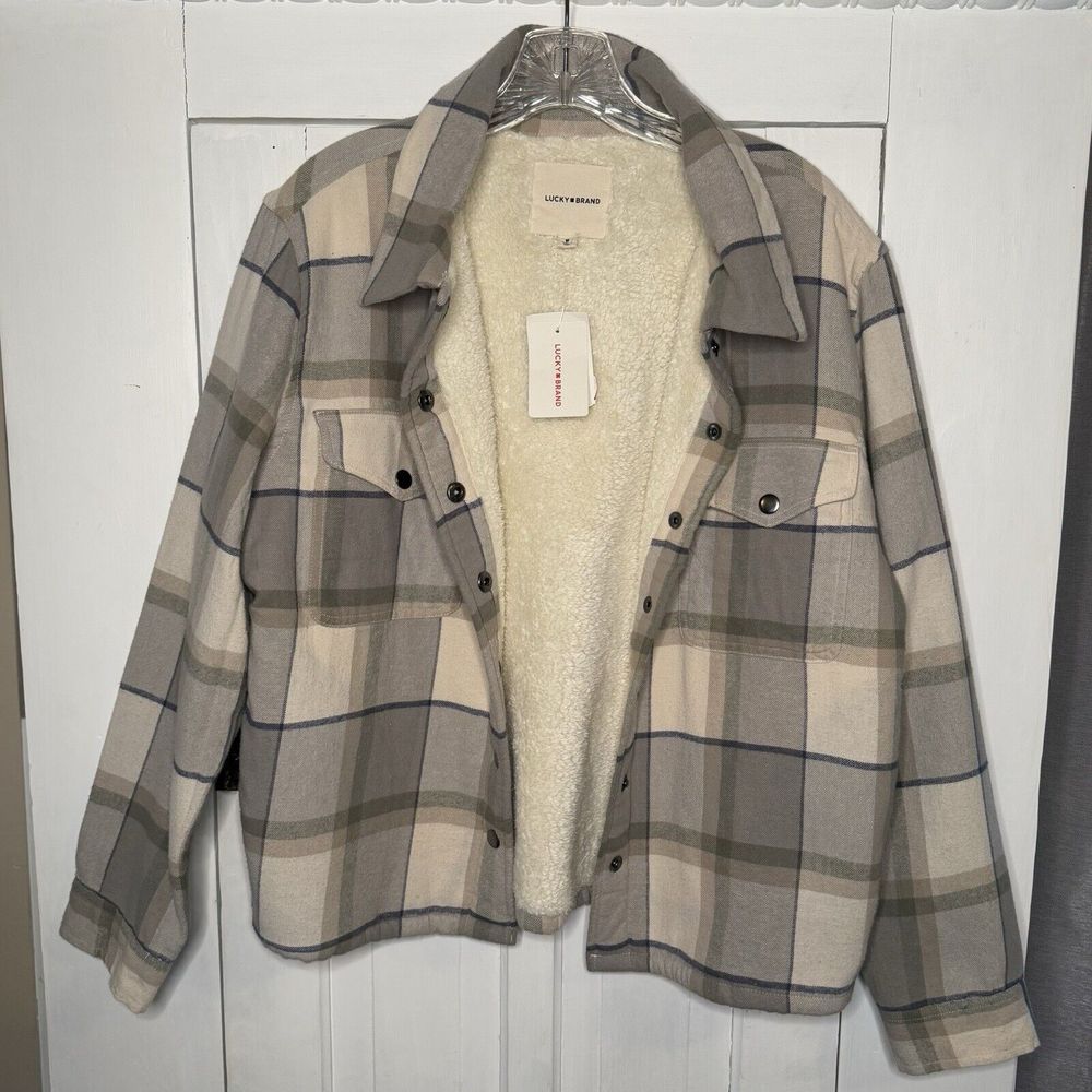 Lucky Brand Plaid Flannel Snap Front Jacket Faux Sherpa Coat Womens M