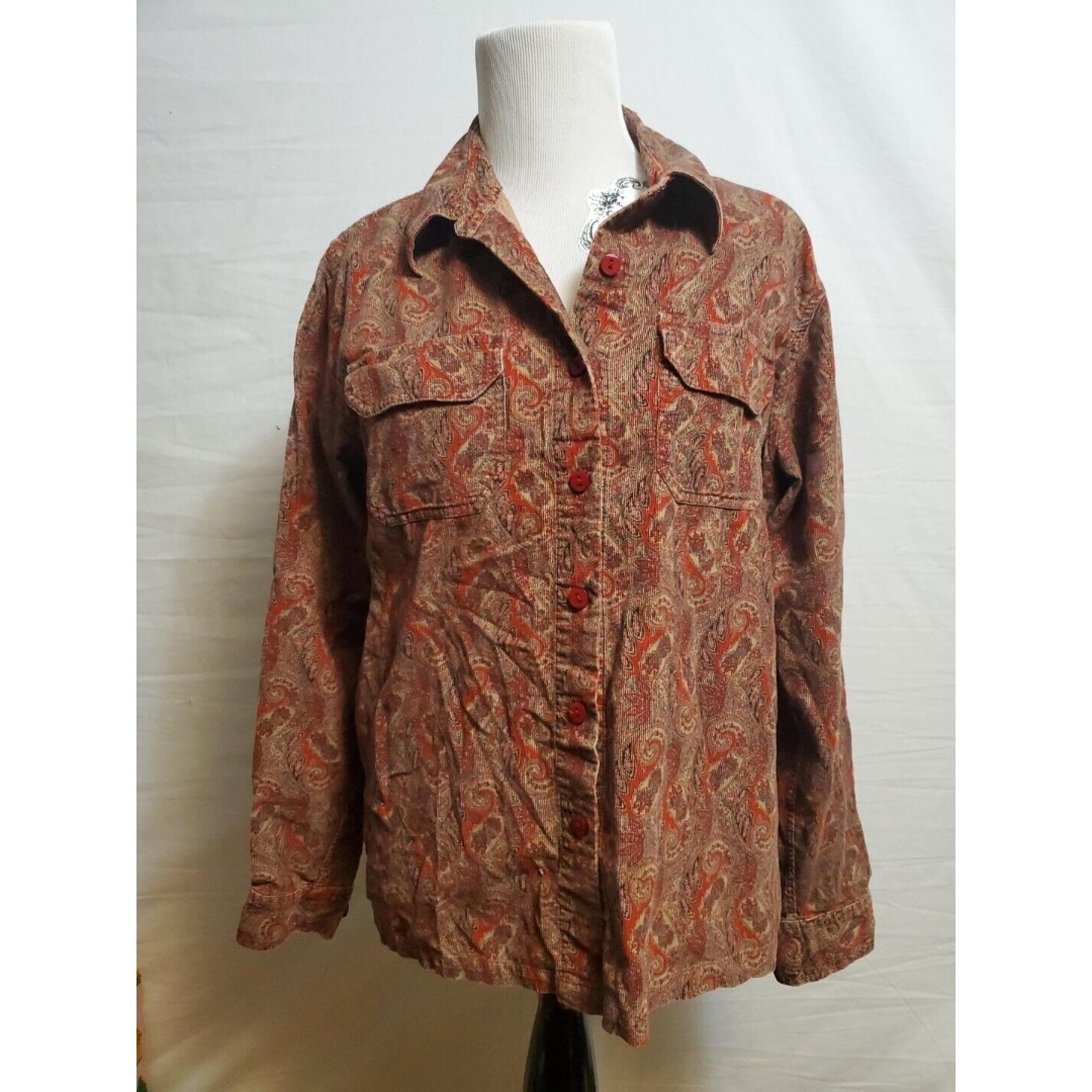Dressbarn Paisley Brown Red Long Sleeve Textured Button Up Shirt Size Large