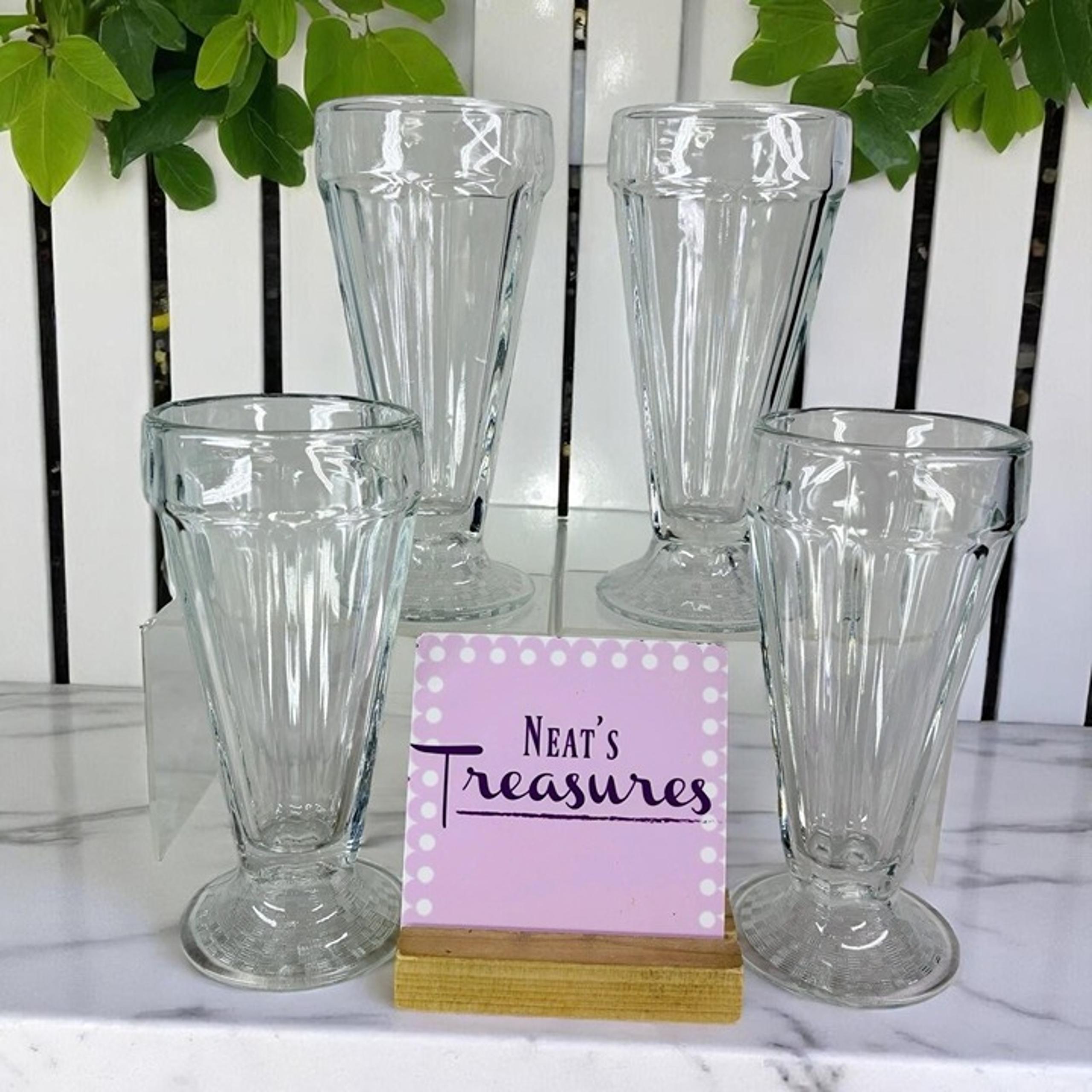 Vintage Libbey Clear Panel Heavy Glass Sundae Milkshake Pedestal Glasses Set 4