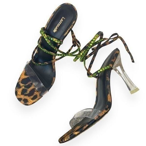 Larroude Disco Gloria Leopard-Print Wrap Sandals Heels Embellished Women Size 8