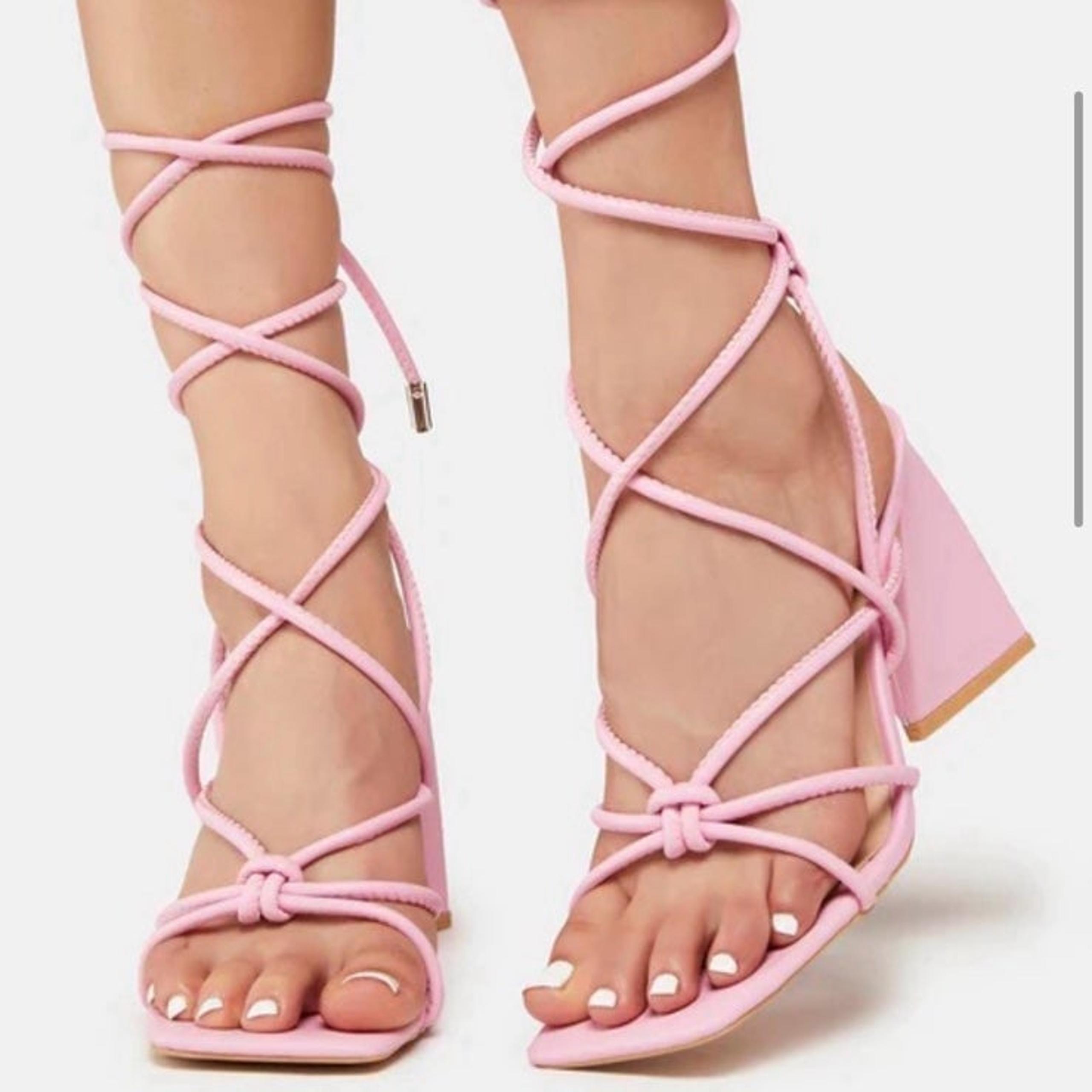 Dolls Kill Kawaii Barbie Pink Sweet All Nighter Lace Up Block Heels Sandals