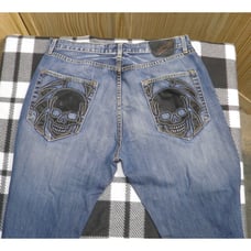 Ed Hardy 2009 Black Skull Pockets Button Fly Jeans Vintage Mens Streetwear 38x34