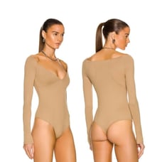 Alix NYC Jansen Bodysuit Womens Small Tan V-Neck One Piece Stretch Minimalist