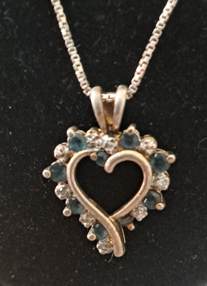 Ross and Simons Blue Sapphire and Diamond Heart Pendant on 925 Chain