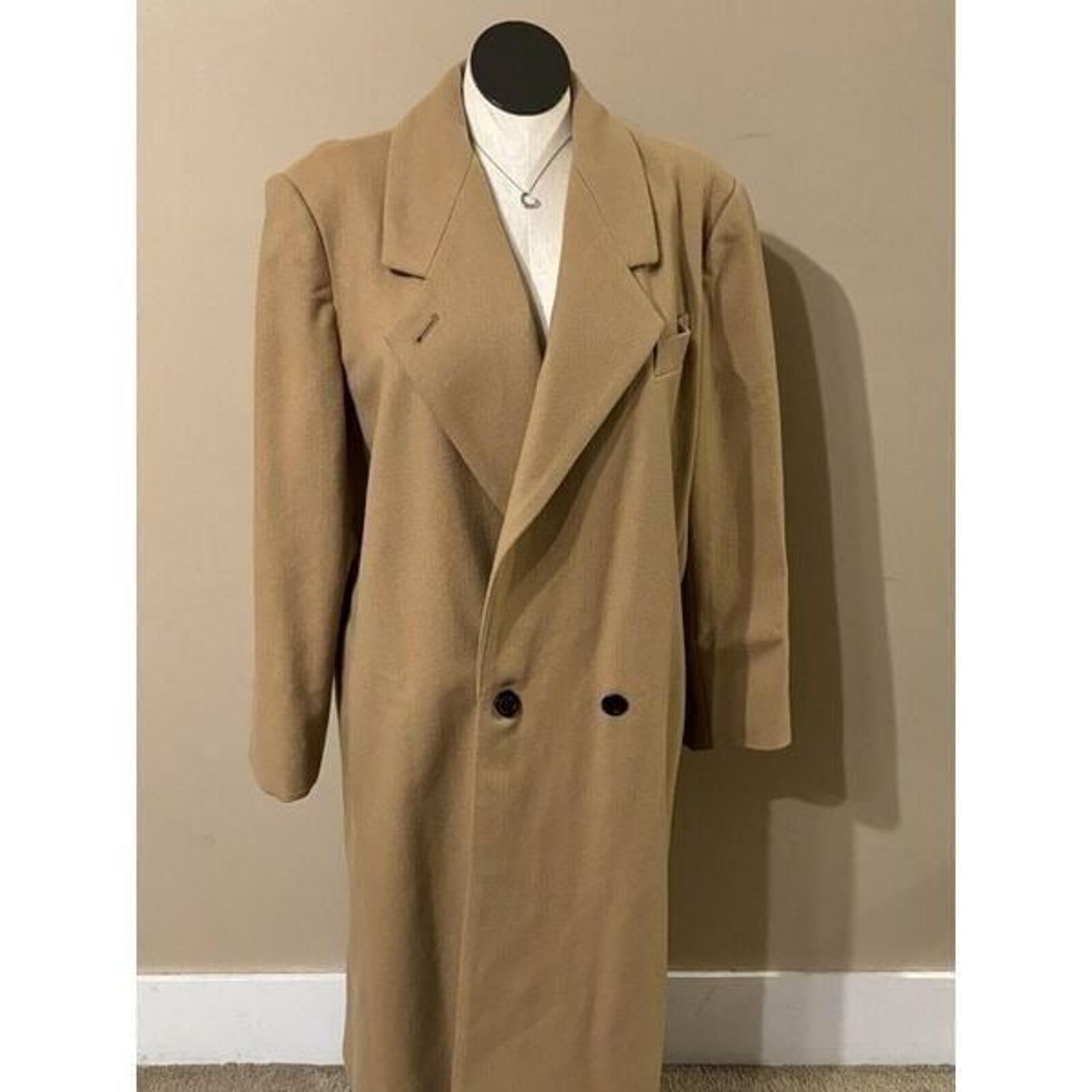 Size 18 Vintage 80s Adolfo Retro Camel Tan Wool Double Breasted Trench Coat