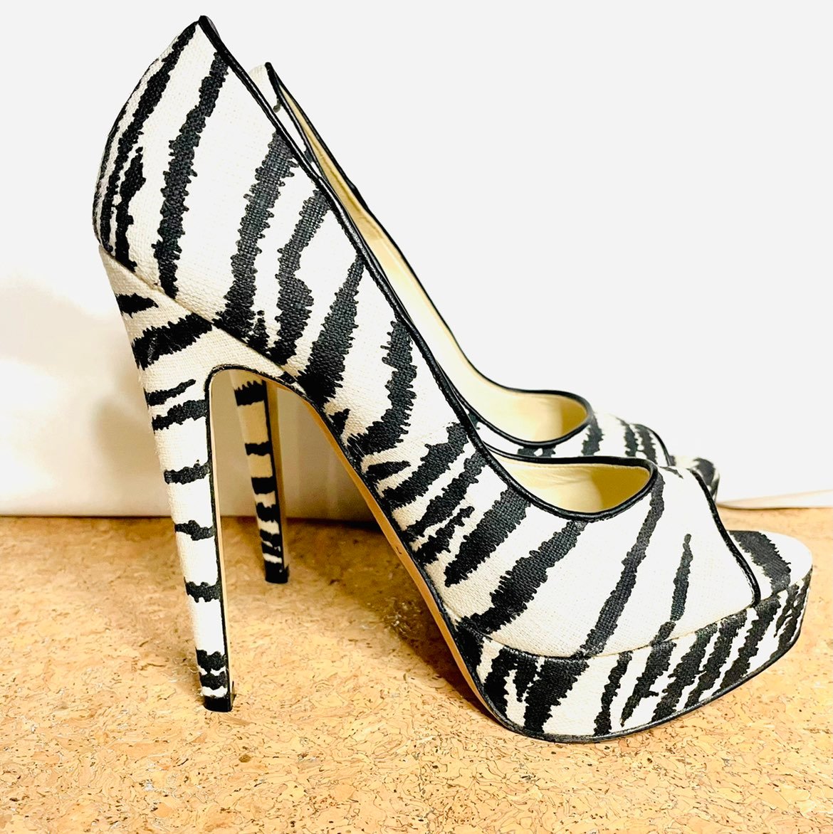 Brian Atwood Linen Zebra Print Open Toe