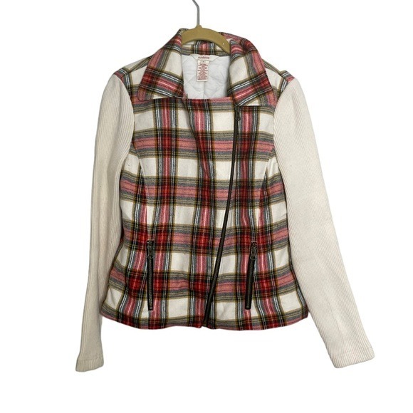 Sundance Wool Blend Plaid Ribbed Sleeve Moto Jacket 4