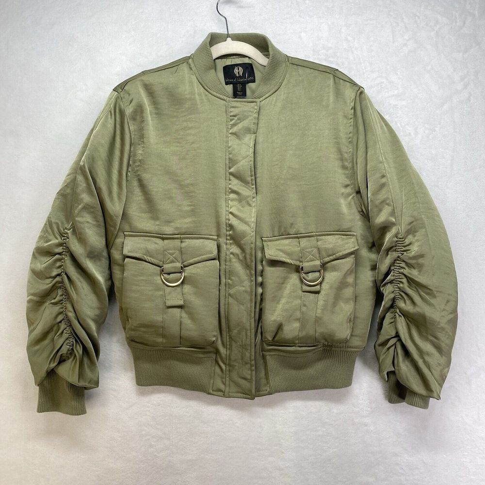New House Of Harlow 1960 Olive Green Satin Bomber Jacket Ruched Glam Retro Sz S