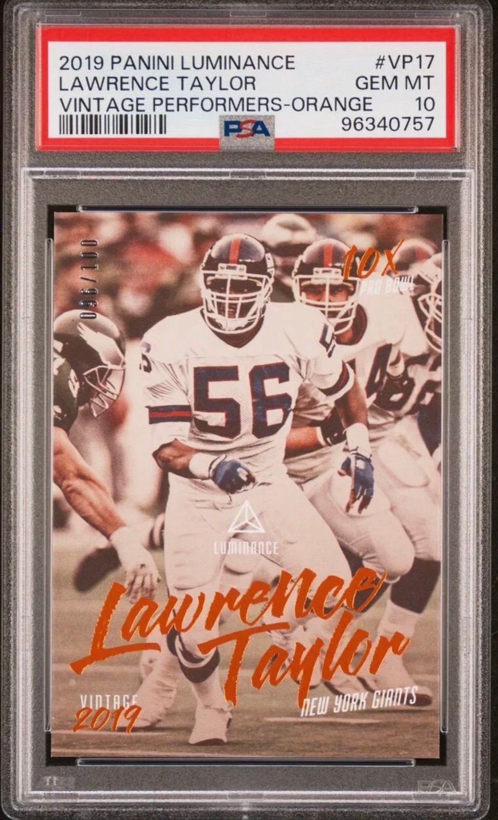 2019 Luminance Vintage Performers Orange /100 Lawrence Taylor PSA 10 GEM MT