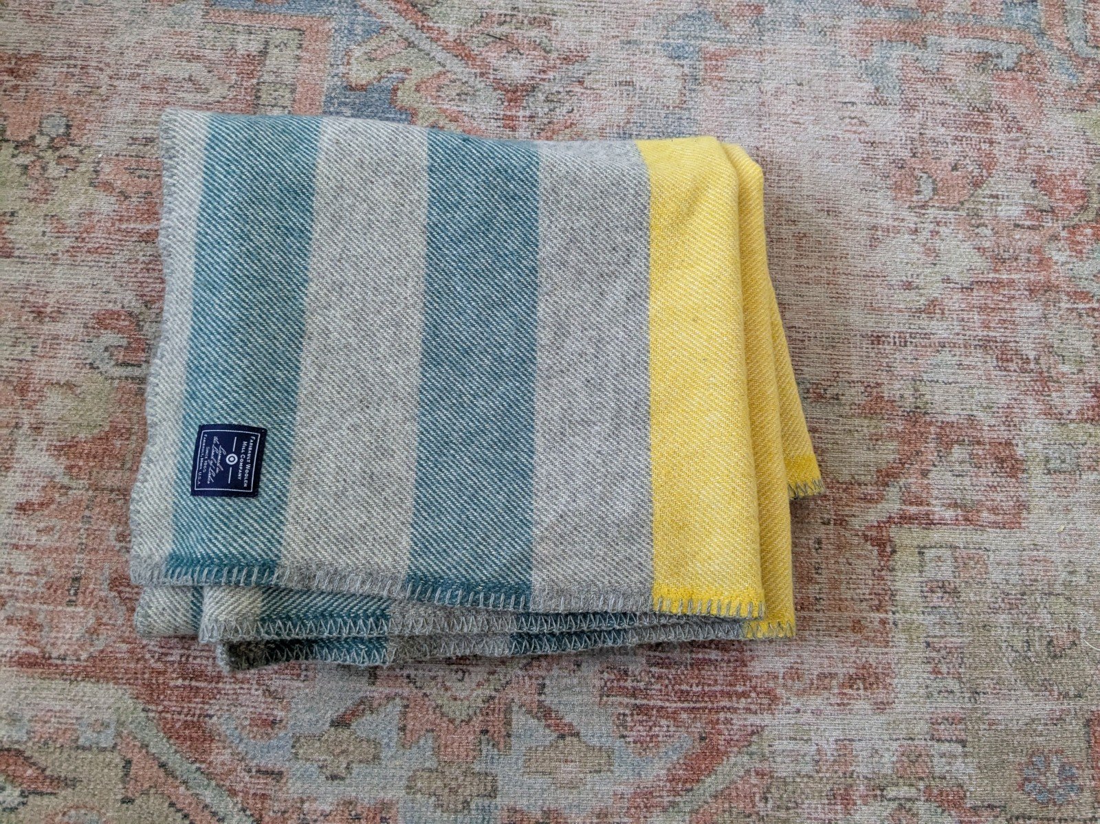 Striped Wool throw blanket gray green yellow Faribault MN Woolen Mill