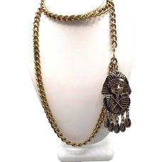 Vintage Large King Tut Pendant on Chunky Gold Tone Curb Link Chain Egyptian Phar
