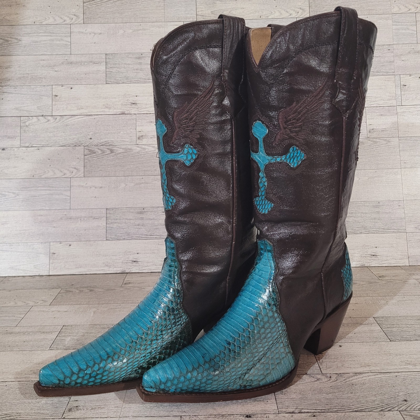 Rogers Boots Turquoise Cobra Snakeskin Brown Leather Rodeo Cowboy Boots Size 7