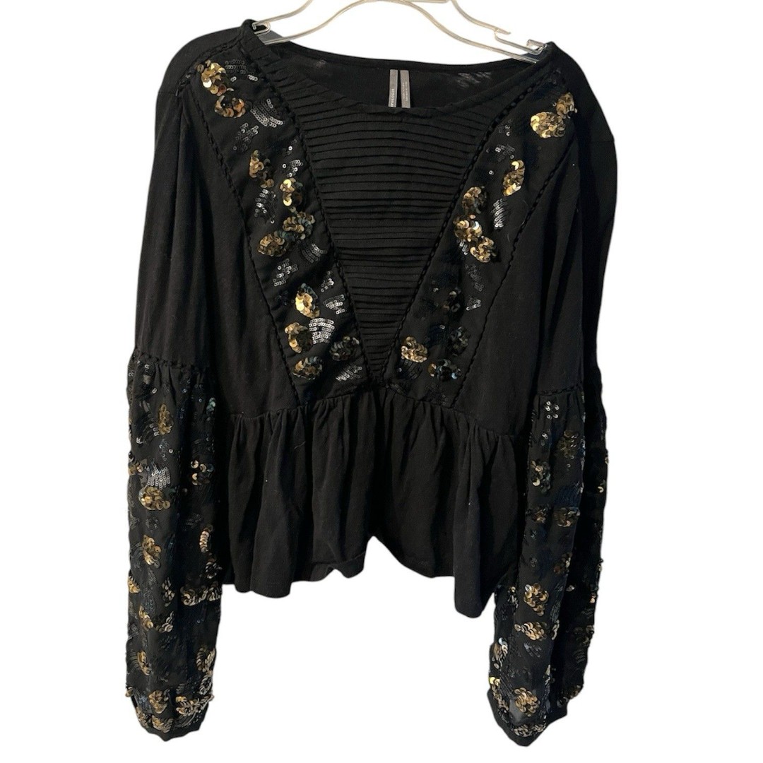 Anthropologie Neale Top Size M Sequined Embroidered Ballon Sleeves Black Peplum