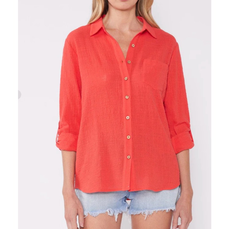 Lovestitch Breezy Basics Button Front Gauze Cotton Coral Top Large NEW