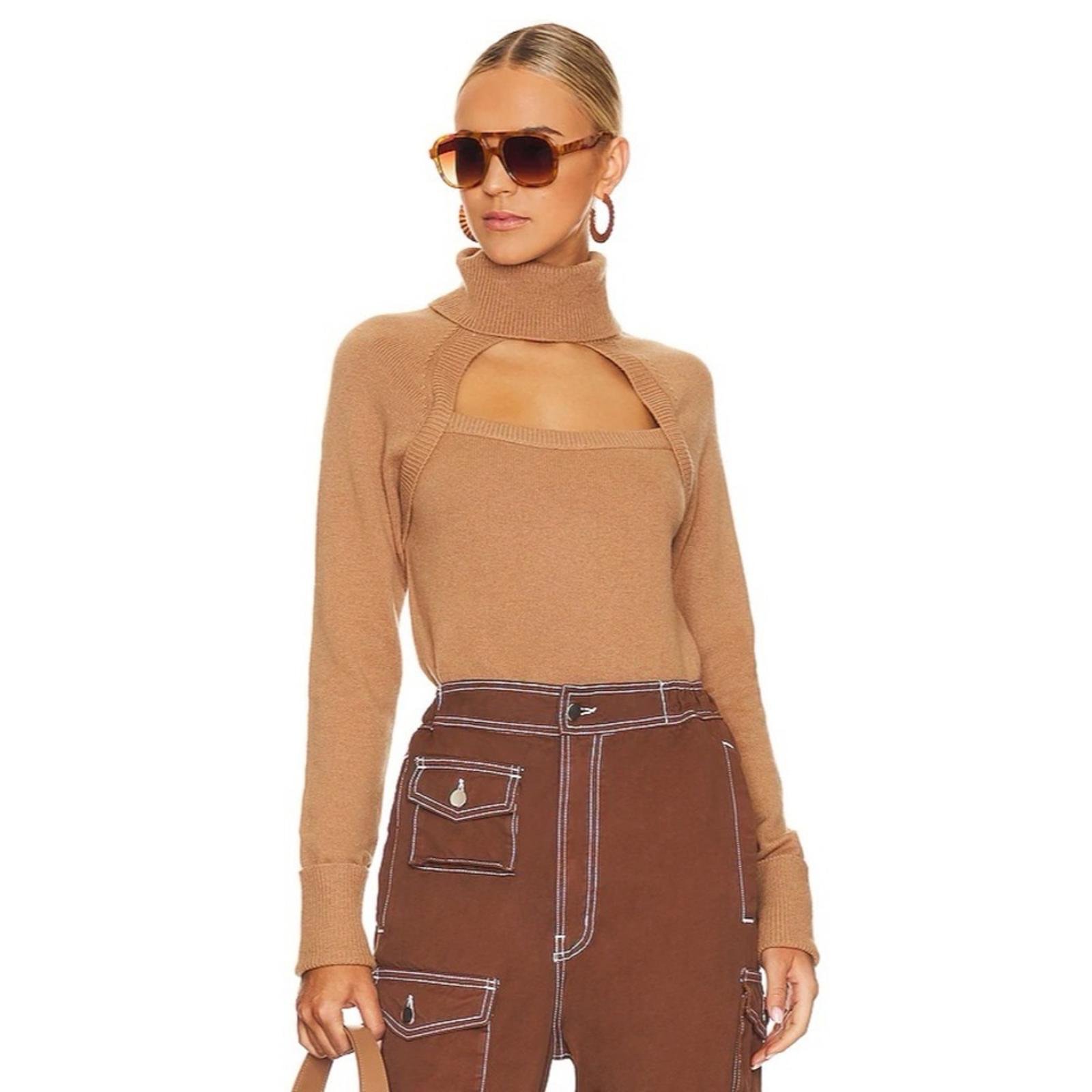 Paige x Revolve Cherise Cut-Out RollNeck Sweater Toffee Bronze Size M NEW w/Tag
