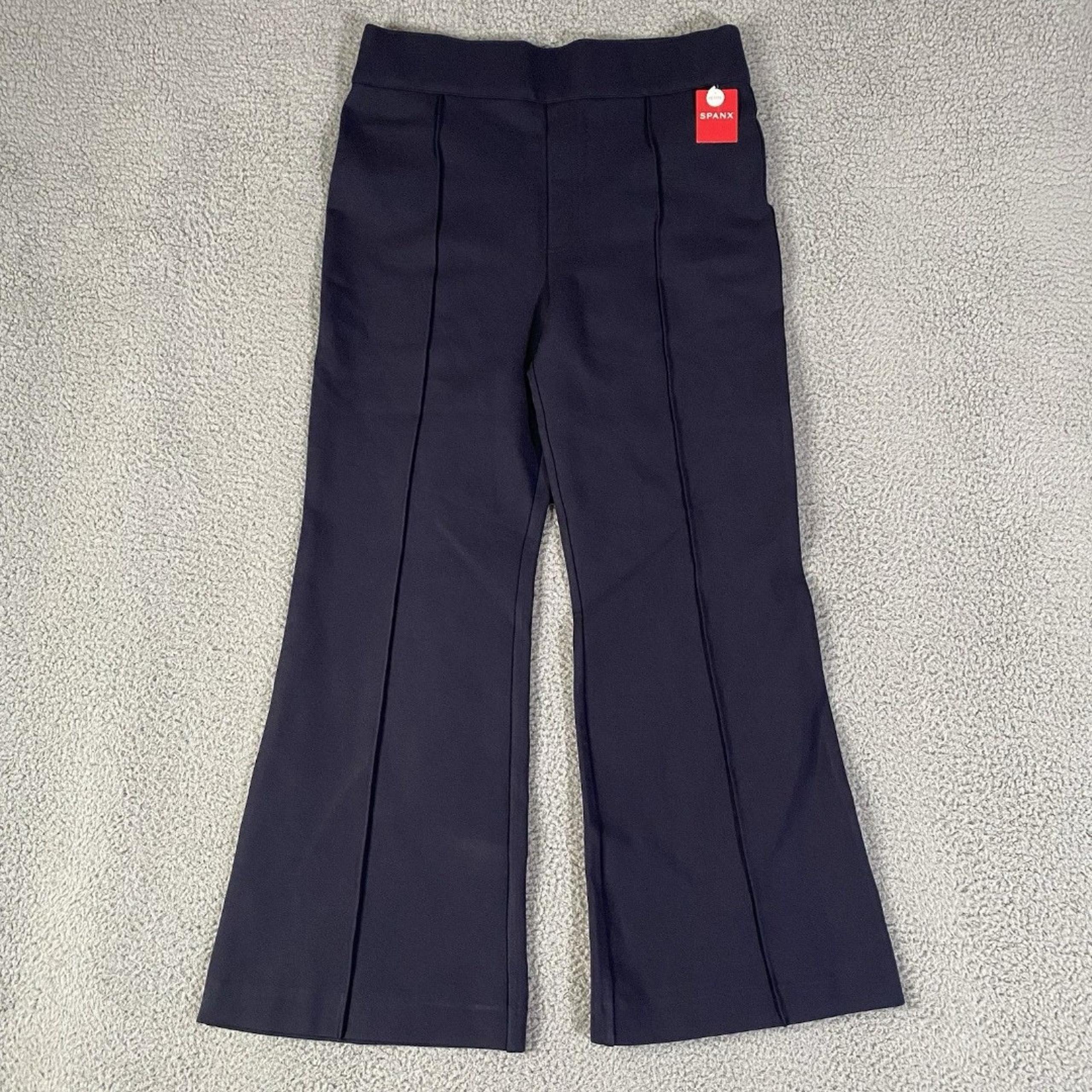 Spanx Perfect Hi Rise Flare Pants Womens 1X Petite Navy Blue Knit 20252Q READ