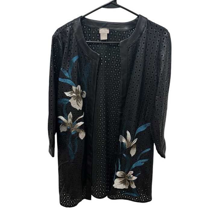 Chico’s Travelers Black Floral Faux Leather Jacket Size Medium