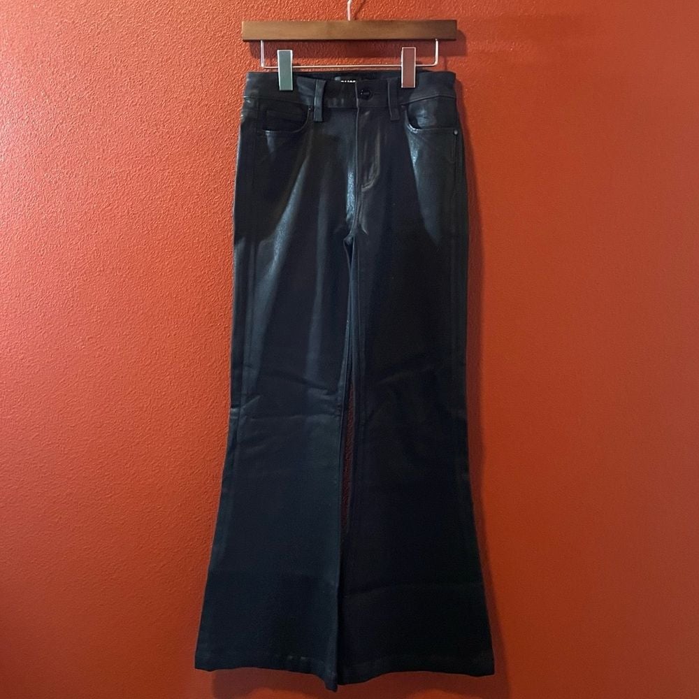 Paige Women's Genevieve High Rise Flare Leg Black Coated Shimmer Stretch Pants