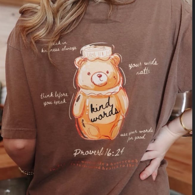 Christian Proverbs Kind Words Brown Honey Bear Short Sleeve Tee Graphic T-Shirt