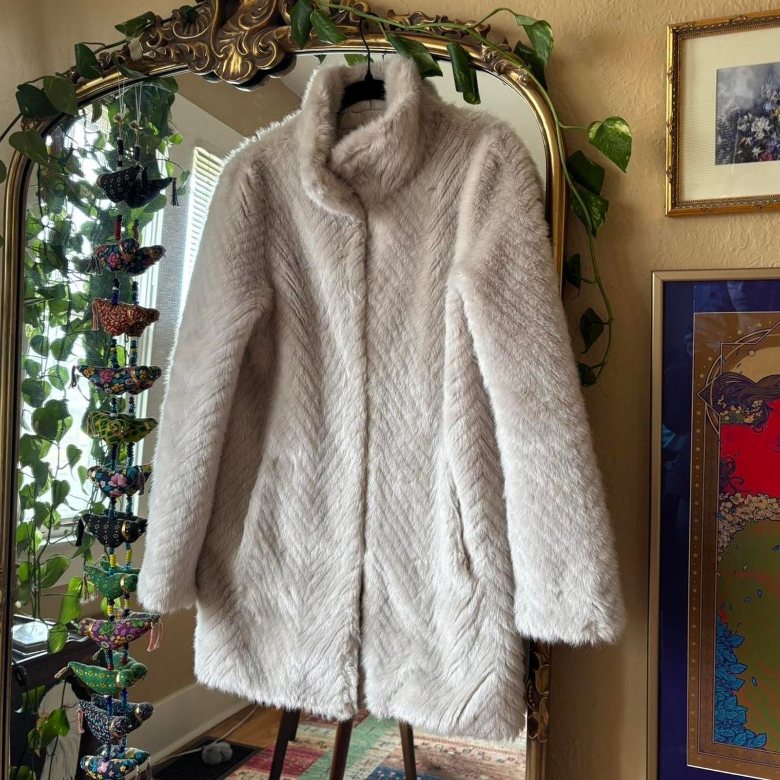 Vintage Guess Faux Fur Cream Long Coat Small Y2K Glam NYE 2000s