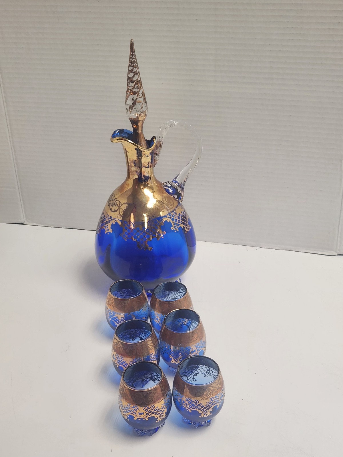 Rare vintage cobalt gold glass decantor set