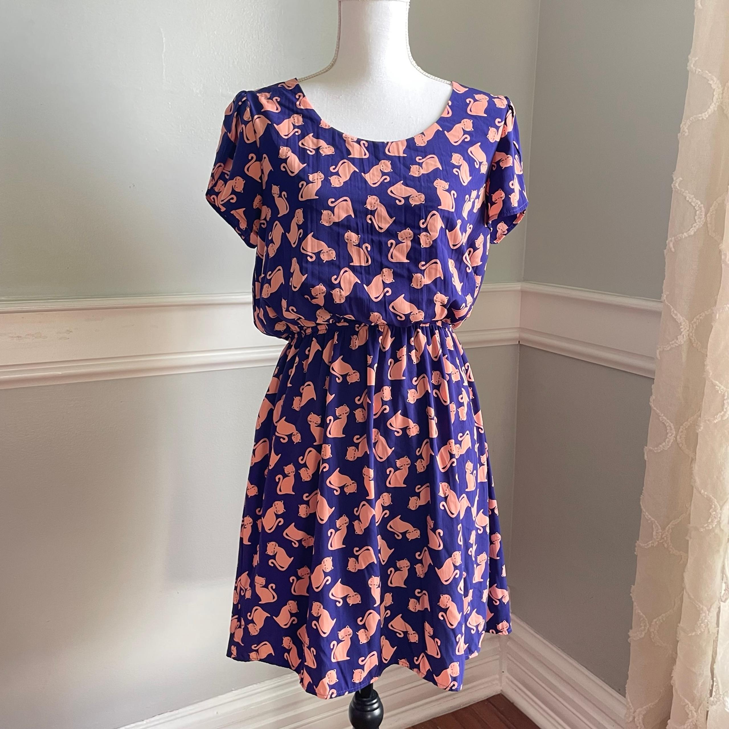 Cat Print Dress Ruffles Size Large Blue and Orange by Peach Love California