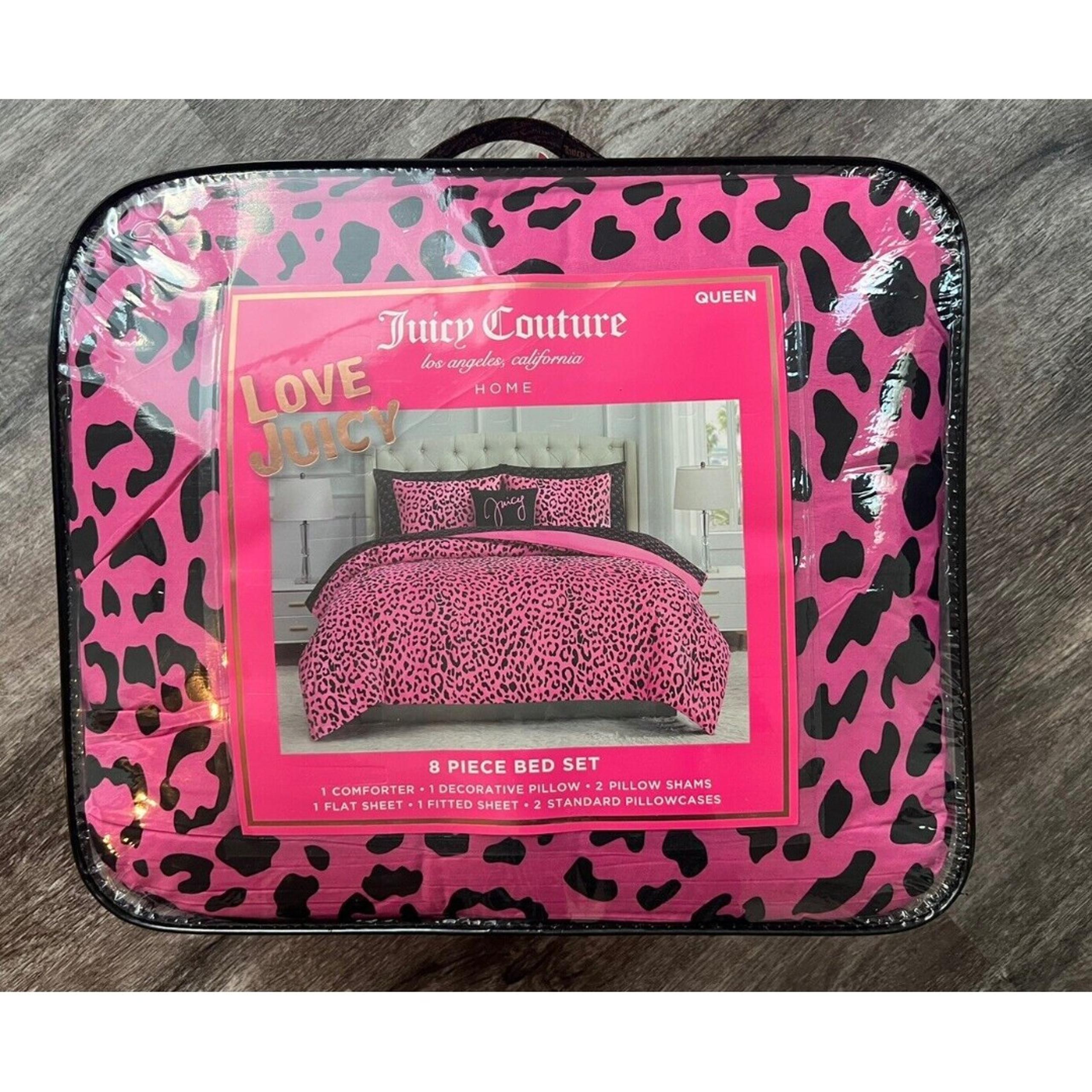Juicy Couture Pink Black Leopard 8pc QUEEN Bed Set Comforter Shams Sheets Pillow