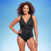 Aqua Green XL 18 Black V-Neck Ruched & Twist Front Tummy Control 1 Pc Swimsuit