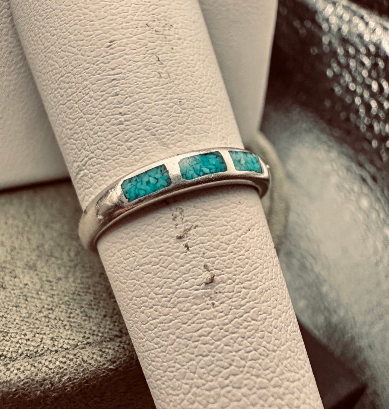Vintage Sterling Turquoise Wedding band Waldeck Johnson Signed Native style Ring