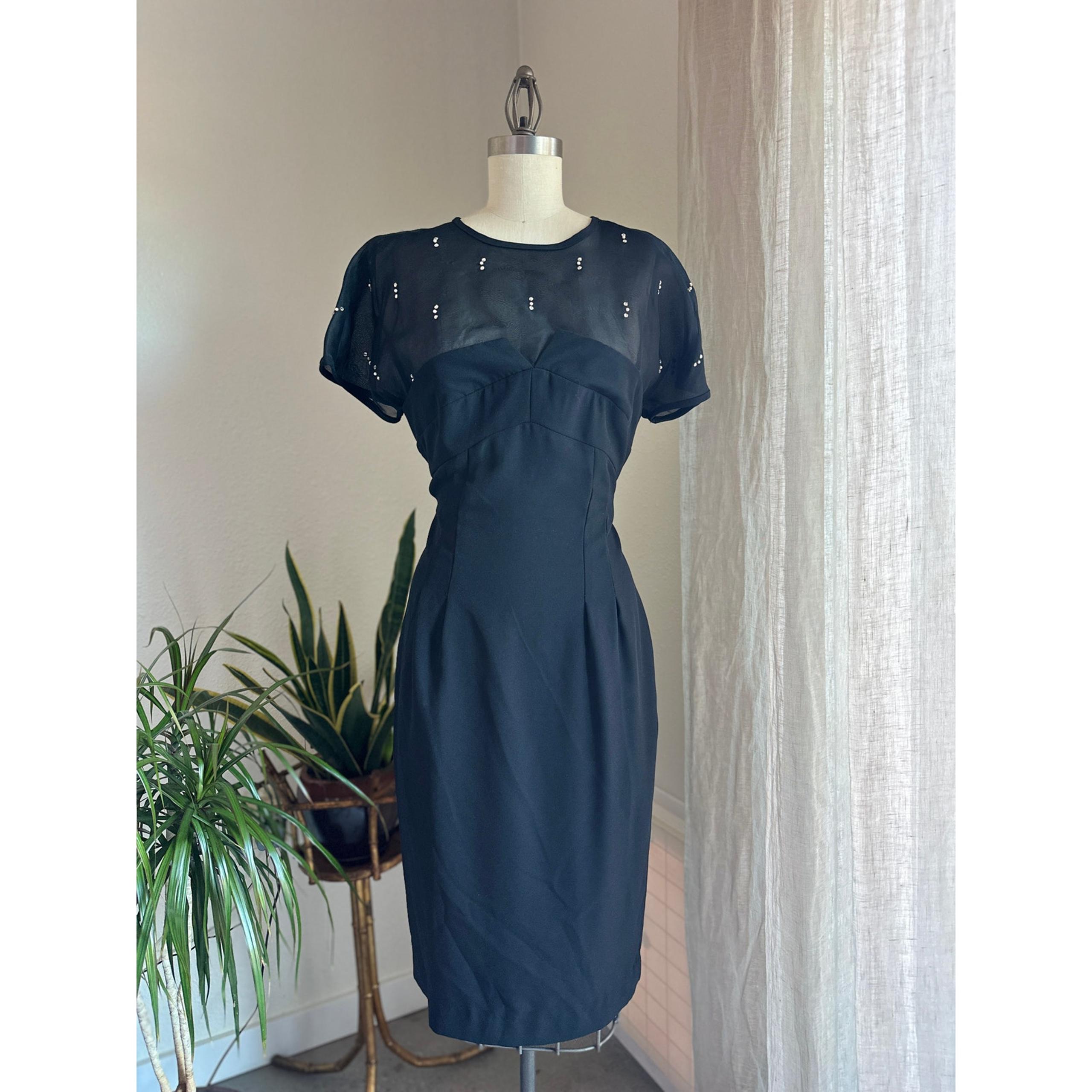 Cynthia Howie Women’s 10 Black Sheer Panel Midi Dress Beaded 90s Chic Vintage
