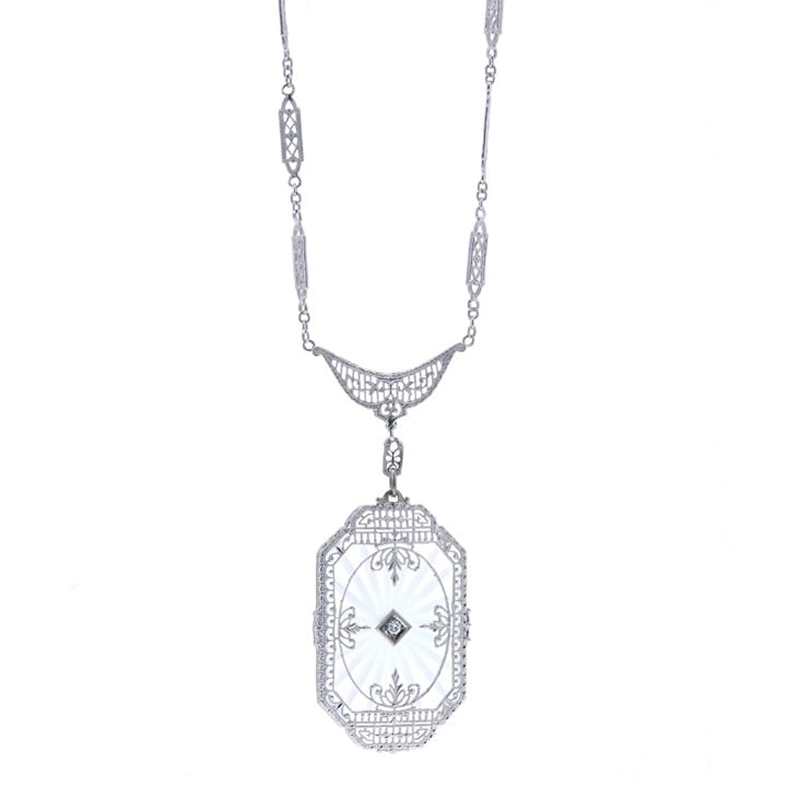 White Gold Diamond & Camphor Glass Filigree Necklace 17 1/4