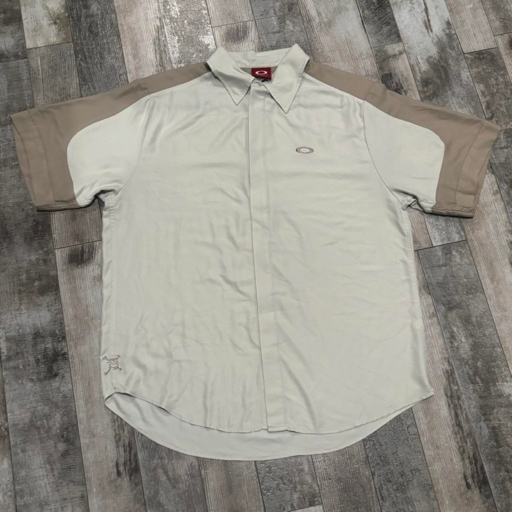 Vintage Y2K Oakley Earth Toned Colorblock Camp Collar Button Shirt Size Medium