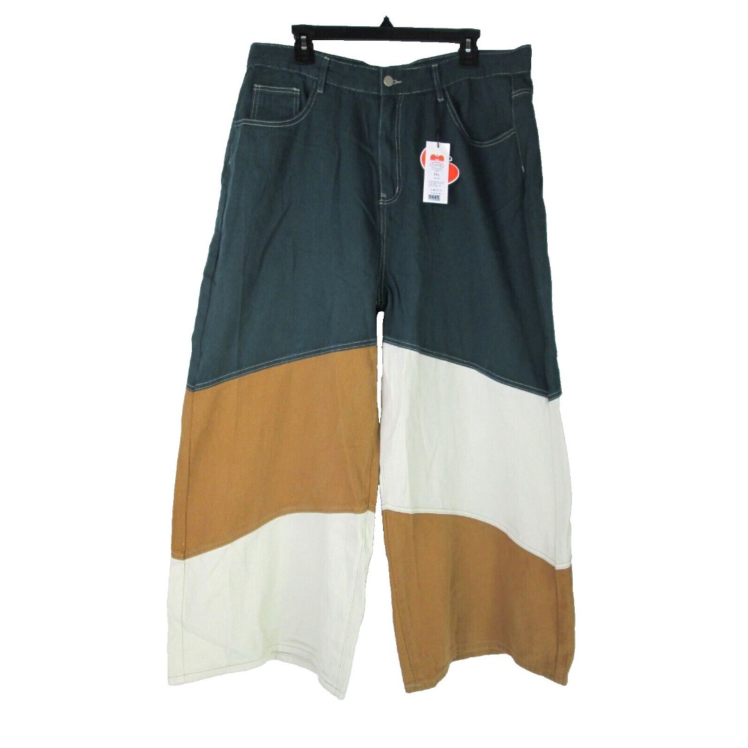 CIDER Colorblock Wide Jeans 1XL Green Ivory Tan 5 Pocket Zip Clasp Cotton 29-441