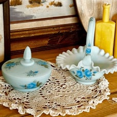Vintage Fenton Blue Satin Candy Dish's Hand Painted and Signed