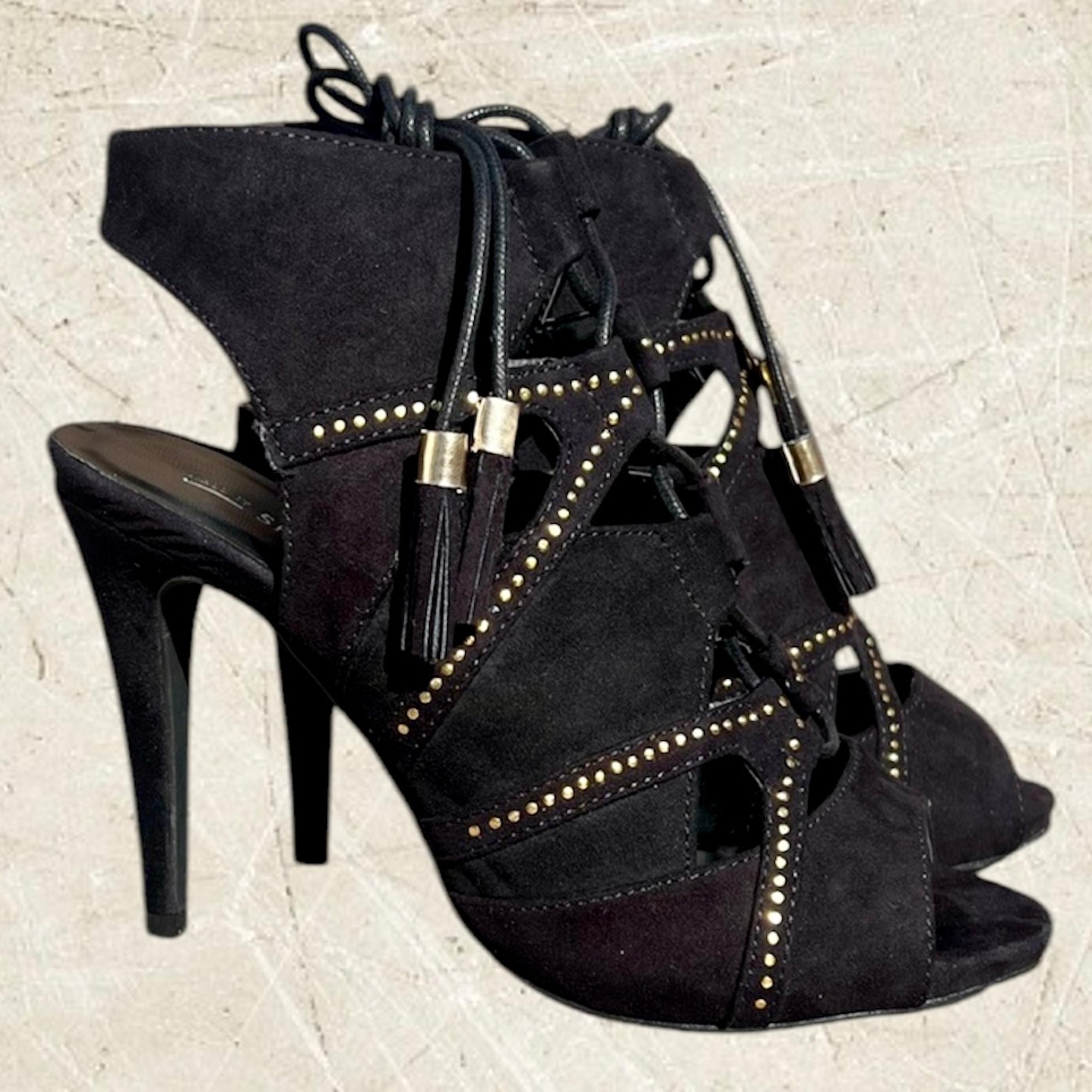 Call It Spring Black Suede Gold Sequin Cut-Out Tasseled Heels! SZ 7! NEW!