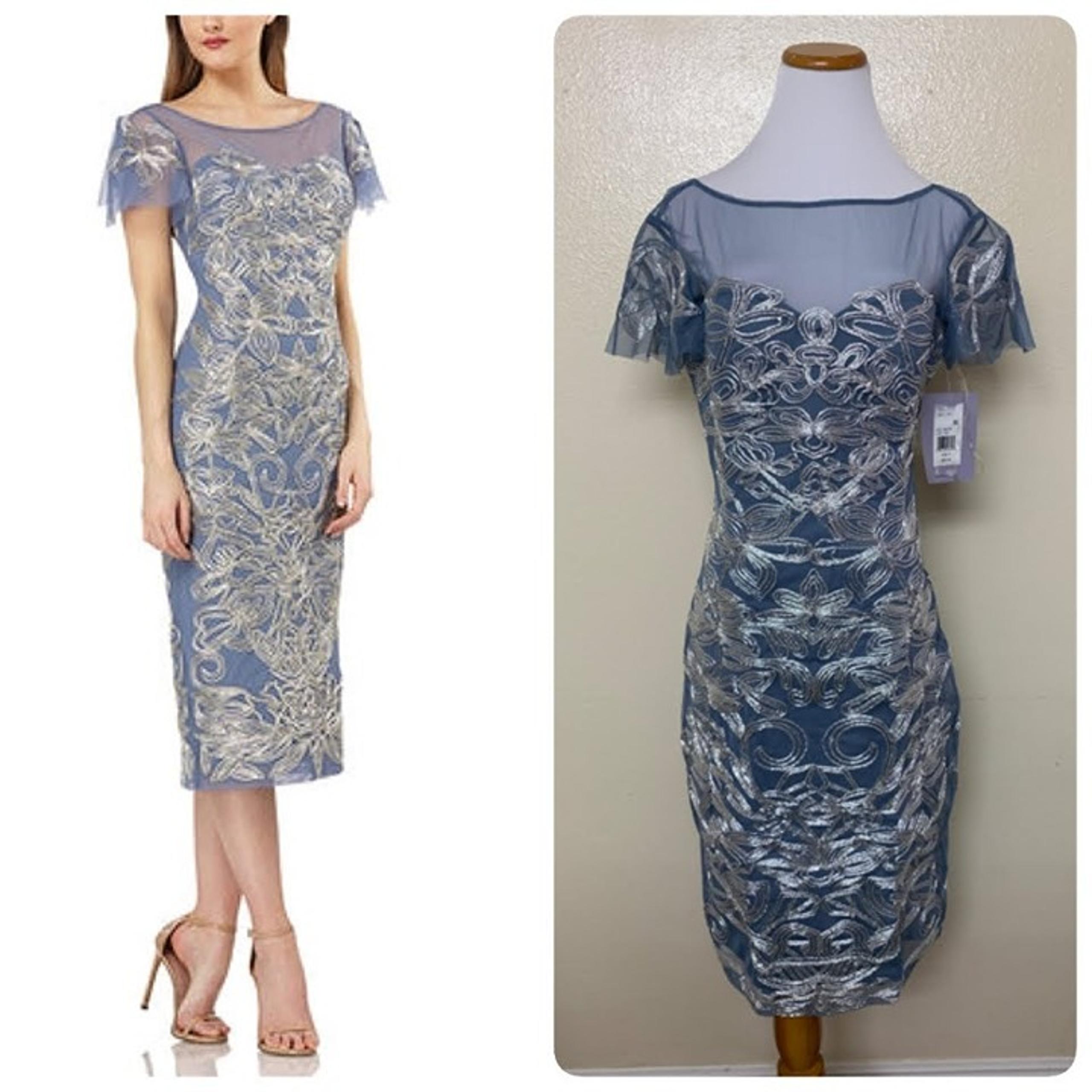 JS Collections Metallic Embroidered Soutache Cocktail Dress Sz 4 Illusion Silver