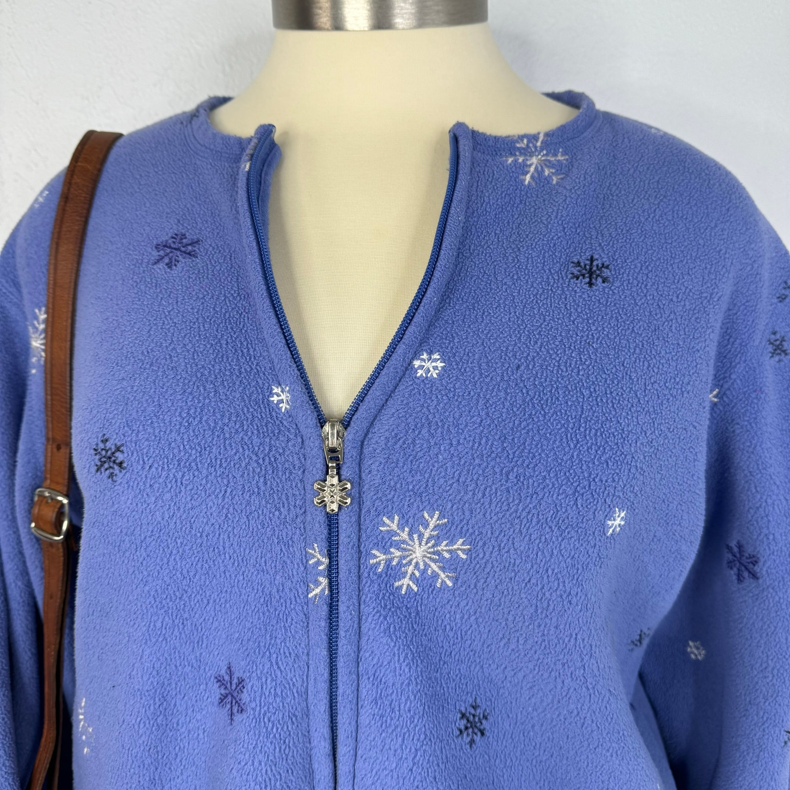 Vintage Blue Snowflake Fleece Zip Jacket Size XL Petite