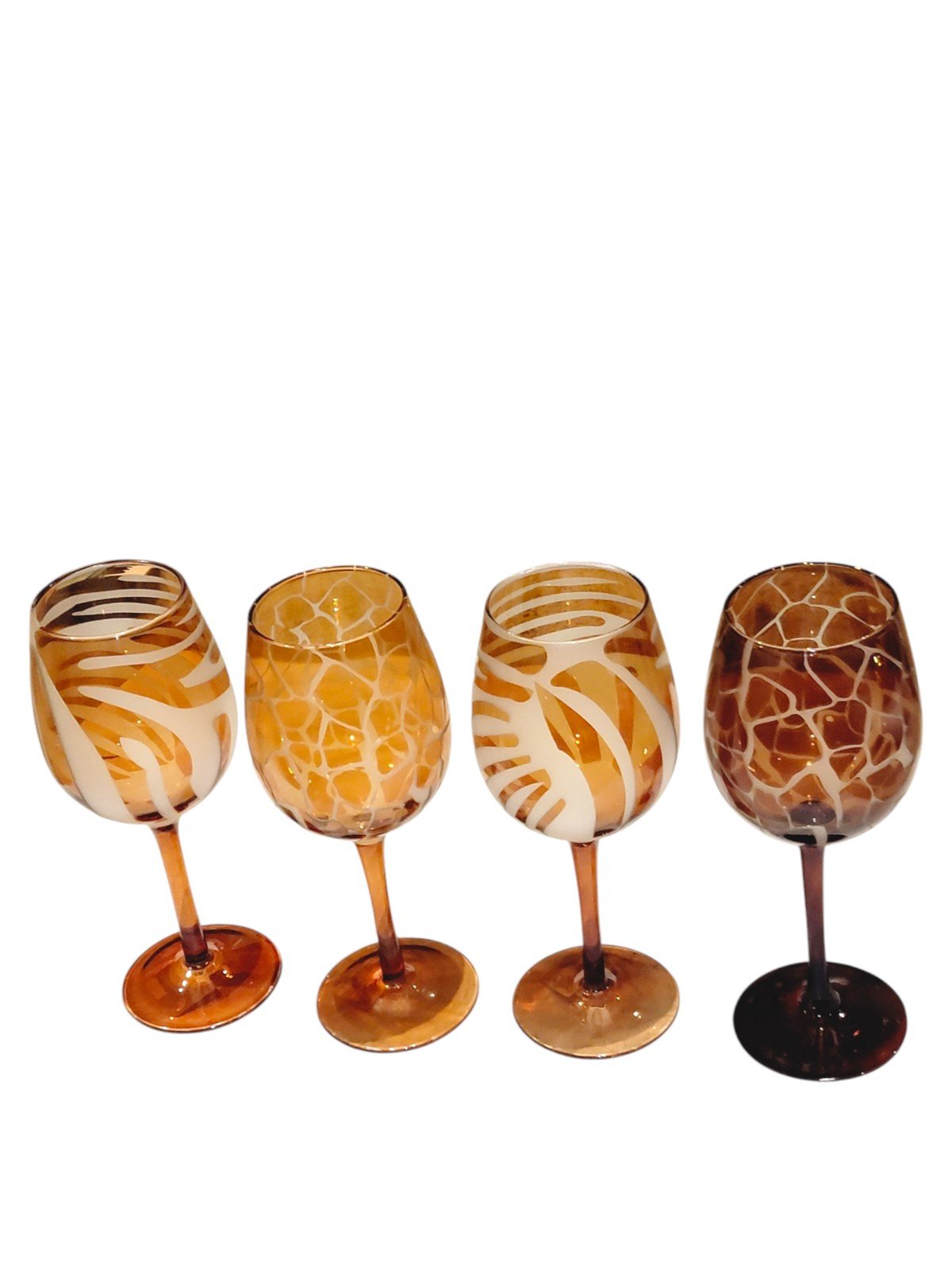 Pier 1 Amber Goblet Safari Animal Print Frosted Wine Glasses Set Of 4 RARE